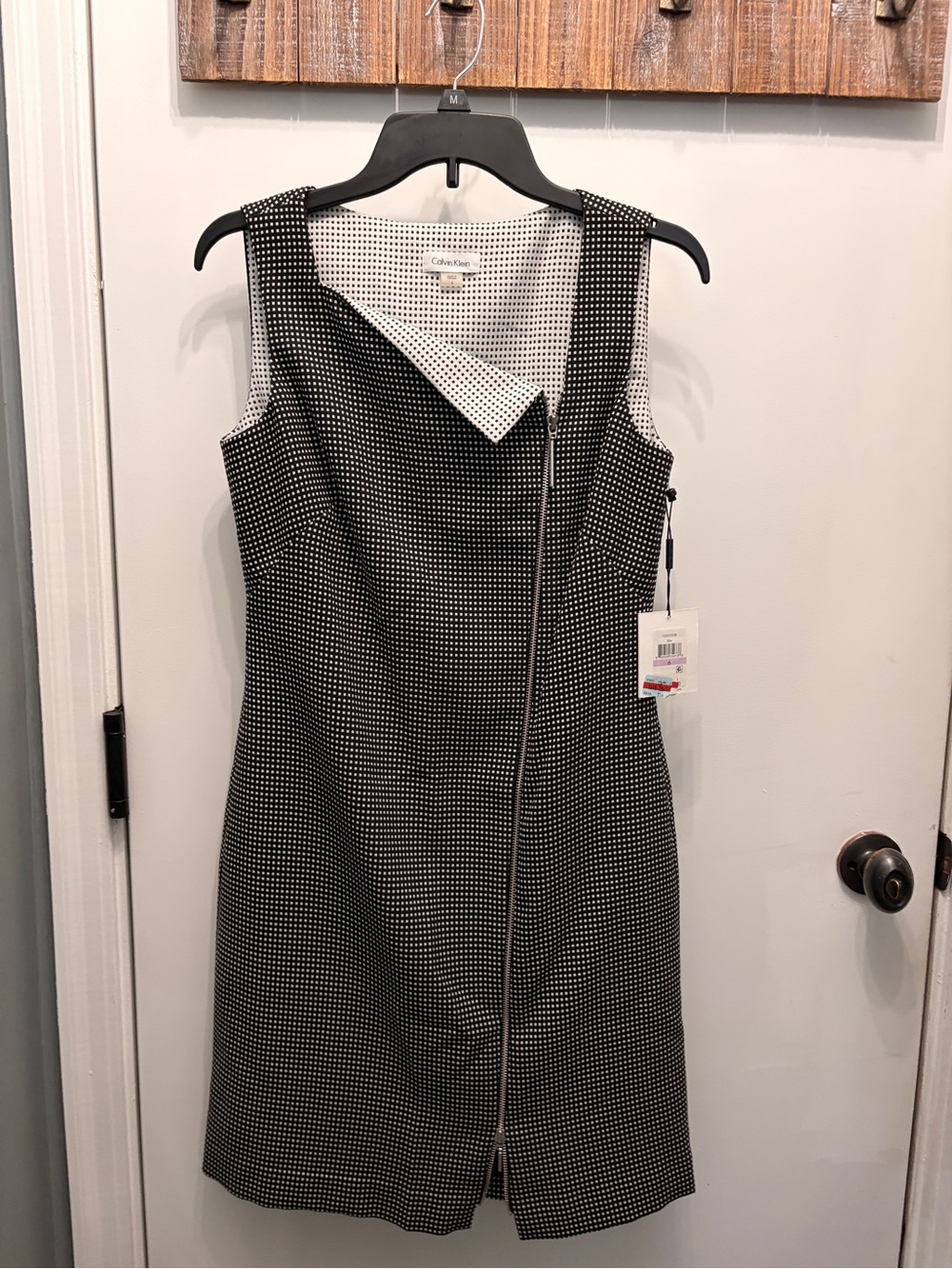 Calvin Klein Black and White Sleeveless Zip-Front Midi Dress
